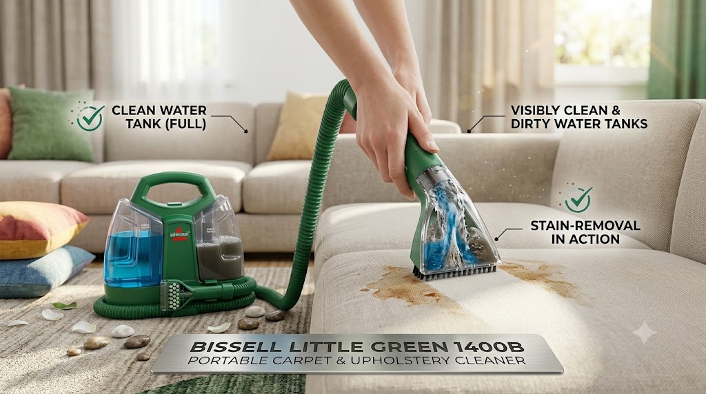 BISSELL Little Green cleaner removing a sofa stain