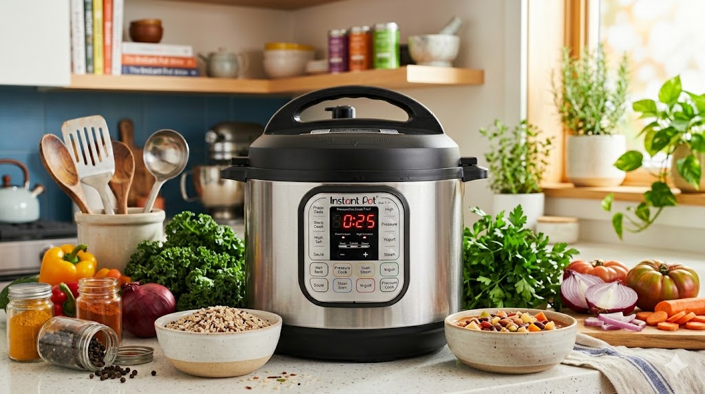 Instant Pot Duo pressure cooker with ingredients