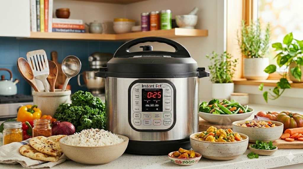 Instant Pot Duo with prepared meal ingredients