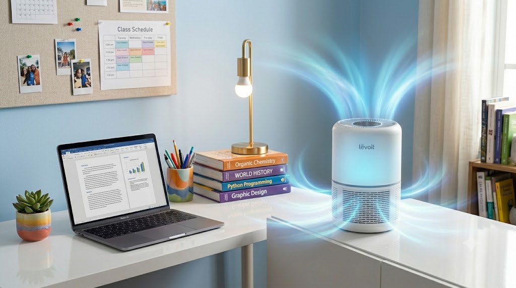 LEVOIT air purifier near a desk
