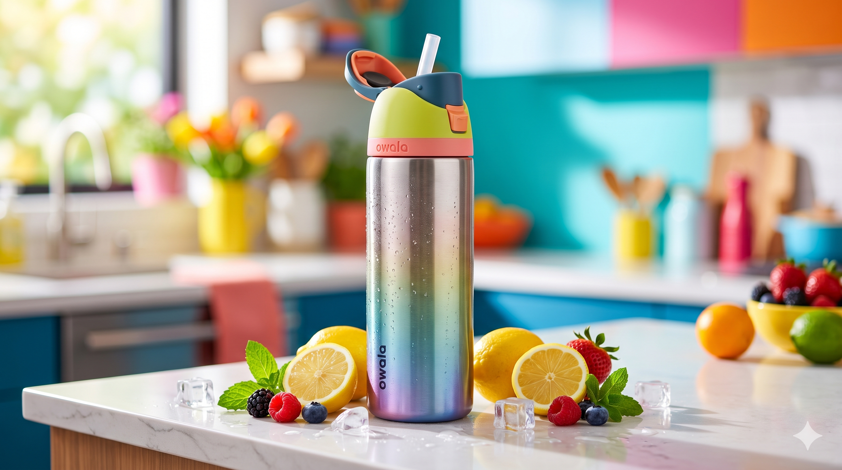 Owala FreeSip bottle in a kitchen
